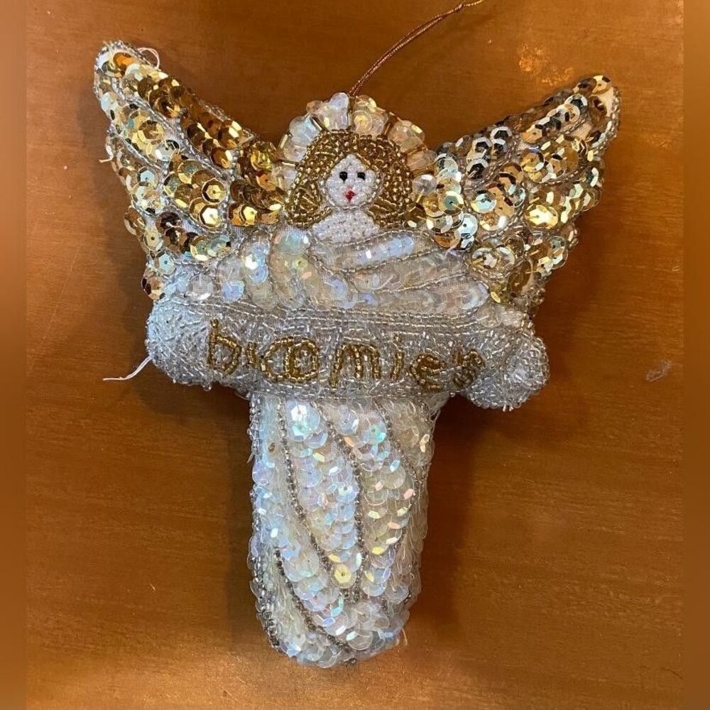 Vintage Gold Beaded Angel Ornament Medium Sequin Hanging  Christmas Tree 6”